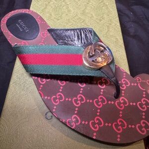 Gucci Green and Red Web Slide with Gold Double G